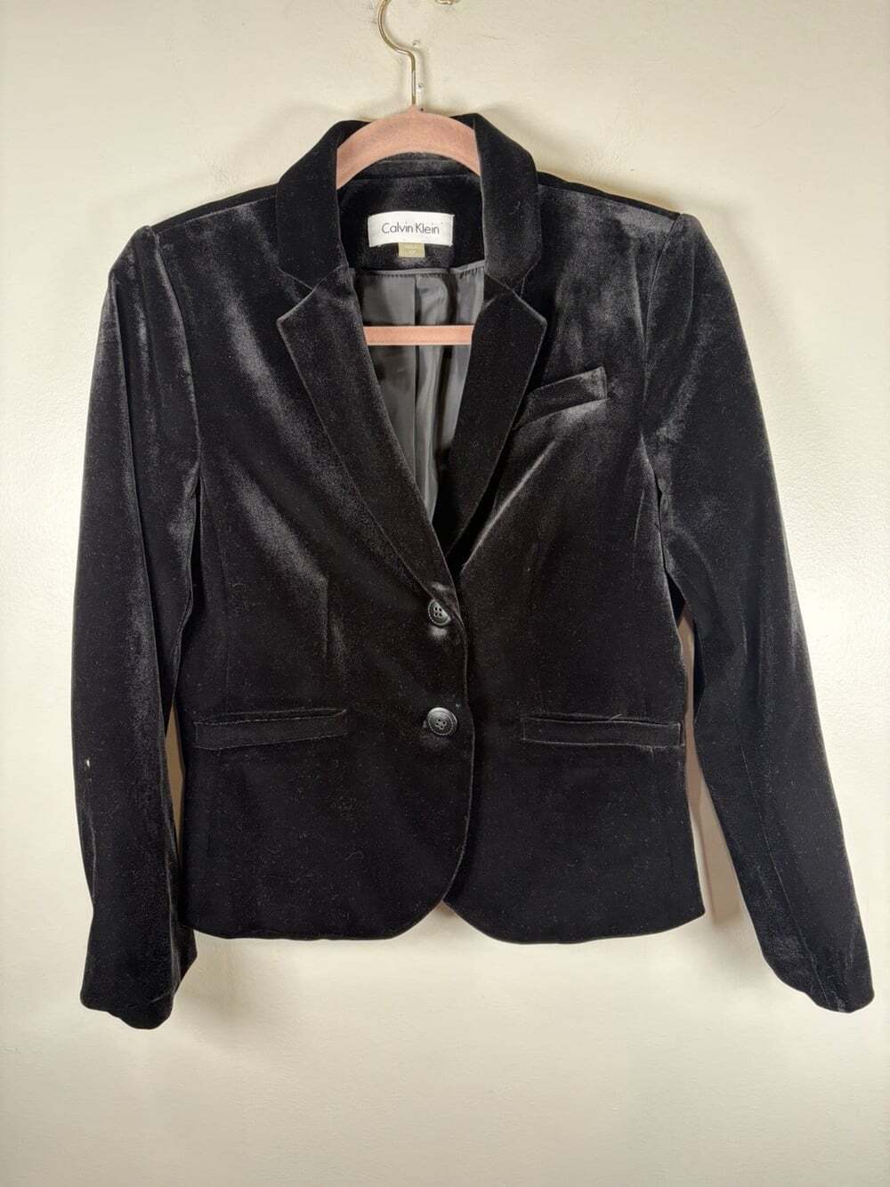 Calvin Klein Black Velvet Blazer Womens Size 10 Petite Suit Jacket Work